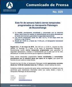 COMUNICADO AEROCIVIL CIERRES TEMPORALES AEROPUERTO PALONEGRO